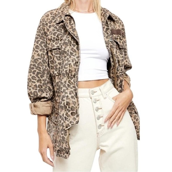 Free People Seize the Day Brown Leopard Denim Jacket - Picture 1 of 11